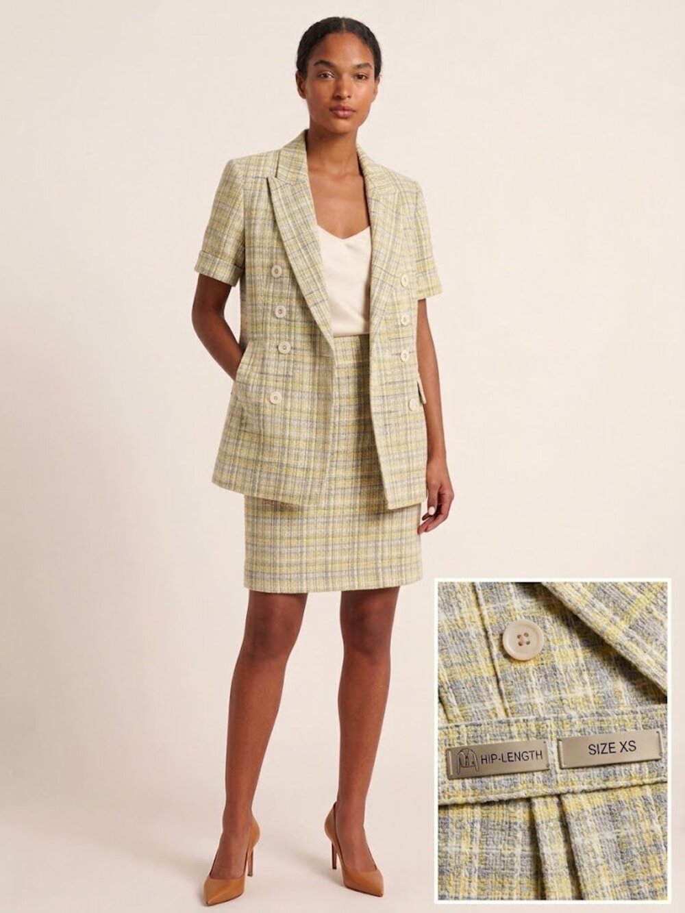 Short-Sleeve Yellow Plaid Double-Breasted Blazer